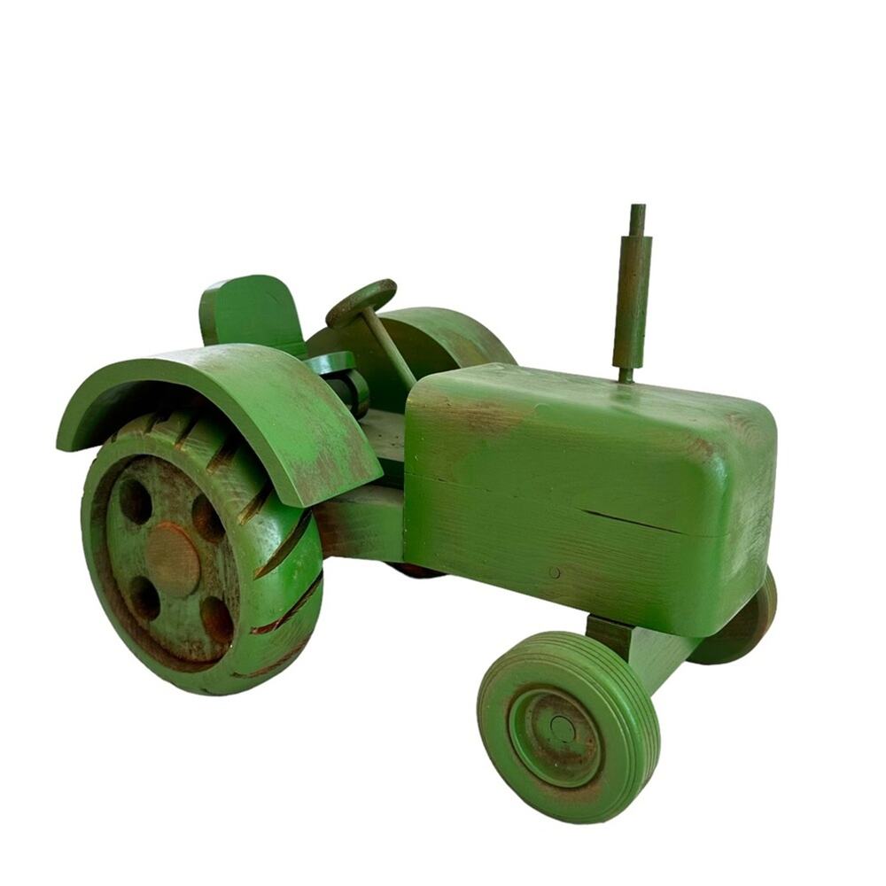 Vintage Farm Tractor Handcrafted Wooden Green Toy Art Display by Walter M Rein